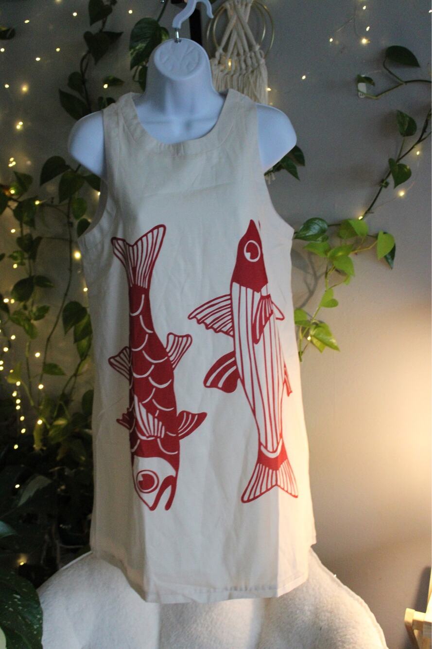 Sleeveless Fish Print Mini Shift Dress | Cream & Red Coastal Dress | Size Smal